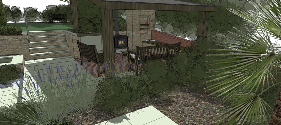 Covered seating area with log burner
