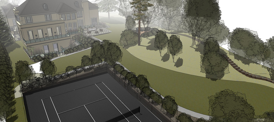 sunken and screened tennis court